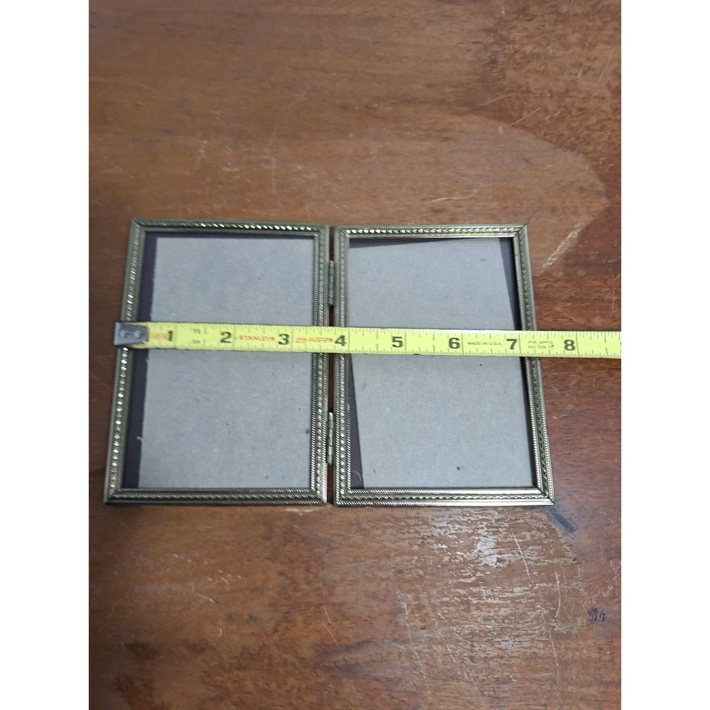 Vintage Brass Double Picture Frame Hinged Folding Filigree Gold Tone 5x3.5